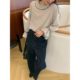 2024 autumn sweet wood ears contrasting black flared sleeves loose striped shirt for women