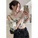Hong Kong style retro ink printing one-length shirt for women in summer puff sleeves short shirt chiffon short sleeve top trendy
