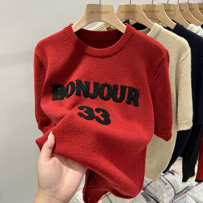 taobao agent Red birthday charm, summer sweater, knitted jacket, brand bra top, with short sleeve, fitted