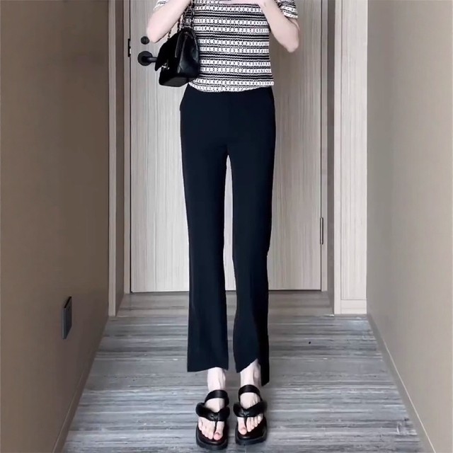 2025 summer new large-size slit nine-point suit pants black versatile slim high waist slightly flare casual pants for women