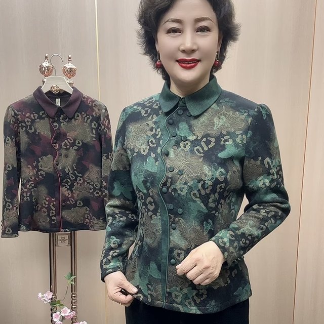 New autumn and winter women's velvet warm cardigan, middle-aged and elderly mother's top, lapel printed foreign style national style shirt