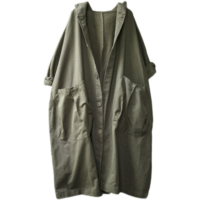 Large size women's clothing, spring and autumn new fashion and literary style hooded windbreaker, fat mm loose temperament, versatile mid-length jacket