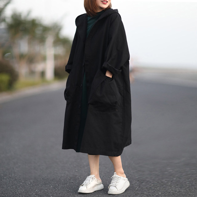 Large size women's clothing, spring and autumn new fashion and literary style hooded windbreaker, fat mm loose temperament, versatile mid-length jacket