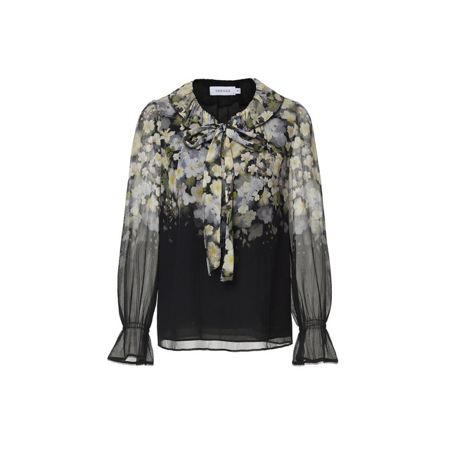 VGRASS silhouette-level silk positioning printed long-sleeved shirt for women 24 spring new neckline streamer VSX3P11040
