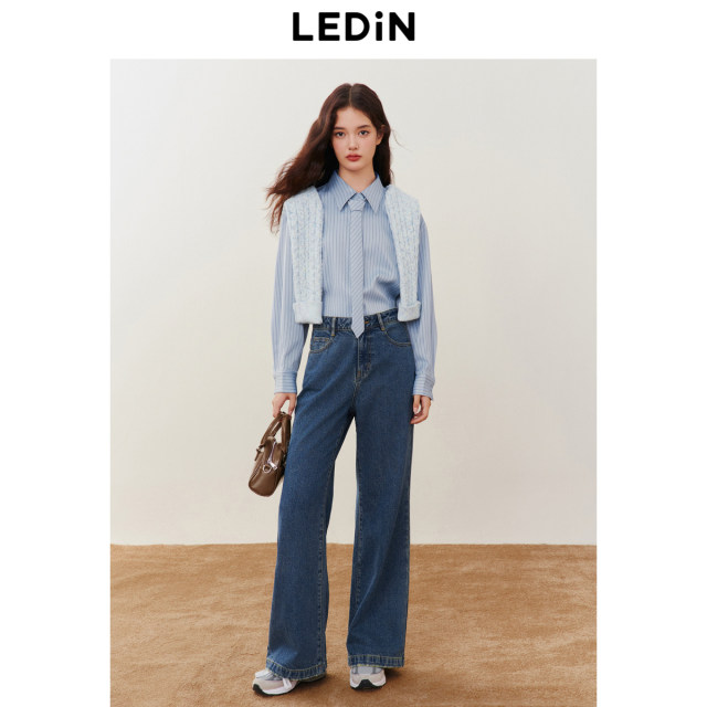 Lecho denim loose wide-leg bell-bottom pants winter college style thickened jeans for women*