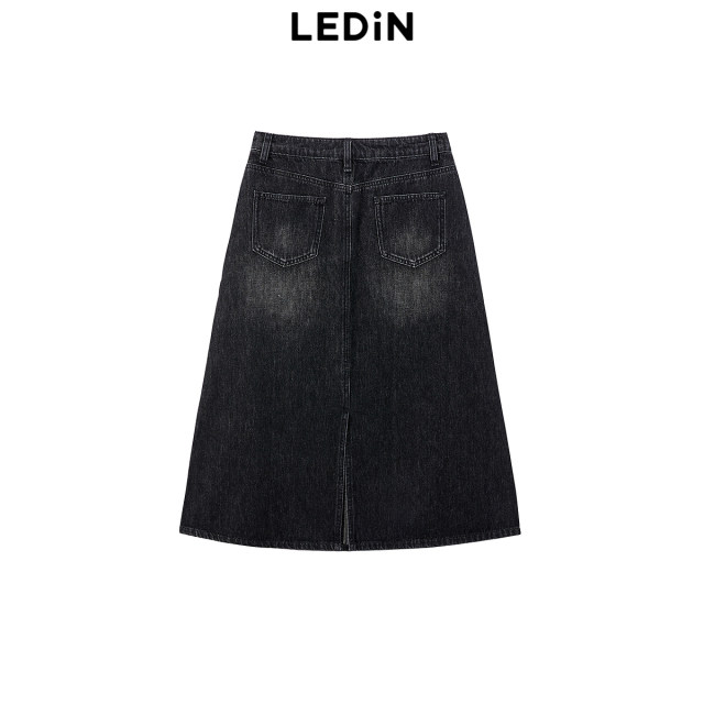 Lecho Contrast Color Pressed Line Straight Denim Long Skirt Spring New Gray Skirt C2HFF1311