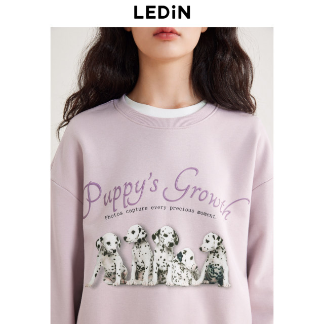 Lecho Spotted Dog Round Neck Sweatshirt Autumn New Letter Print Loose Top Cartoon Pullover Sweatshirt