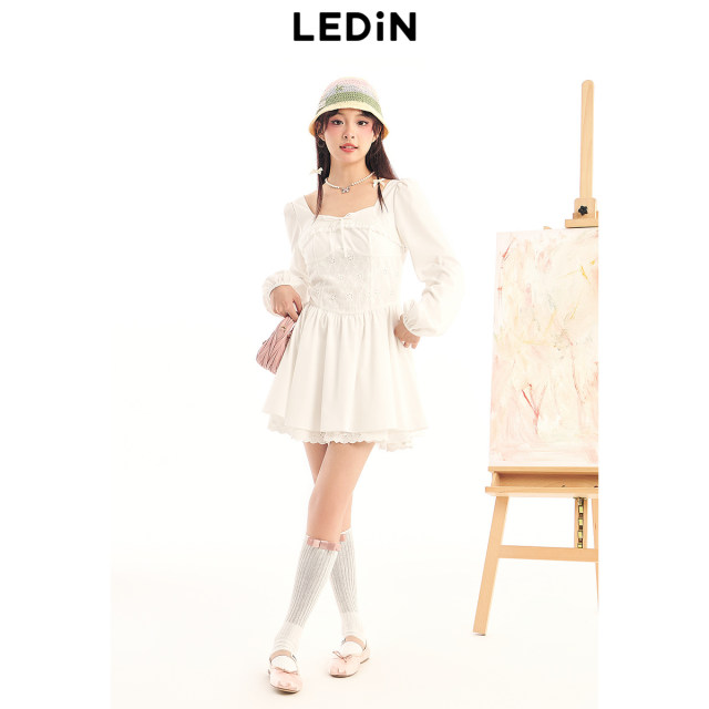 Leducho spring new playful square collar dress shows thin skirt C1FAE1523
