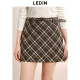 Lecho retro college style skirt autumn new belt A-line skirt meat-covered plaid design skirt

