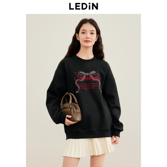 Lechang Bow Printing Flower Circle Round Sweatshin Women's Women's Winter New Loose Shoulder Embroidery Top*
