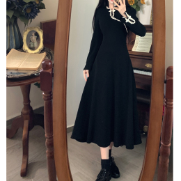 Large autumn and winter new Chinese style national wind cheongsam new year robe temperament small black dress senior inter-dress dress