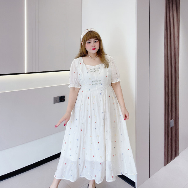 Fat Yingying large size women's sweet atmosphere, romantic fairy skirt French embroidered tulip long dress
