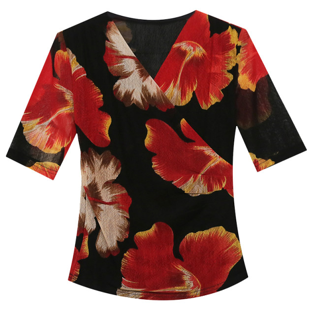Fashion printed V-neck T-shirt for women's mid-sleeved European 2025 new fashionable sexy mesh top slim and small shirt