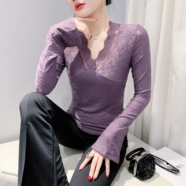 European base shirt for women in spring and autumn sexy hollow V-neck lace shirt for women long sleeve tight inner top temperament shirt