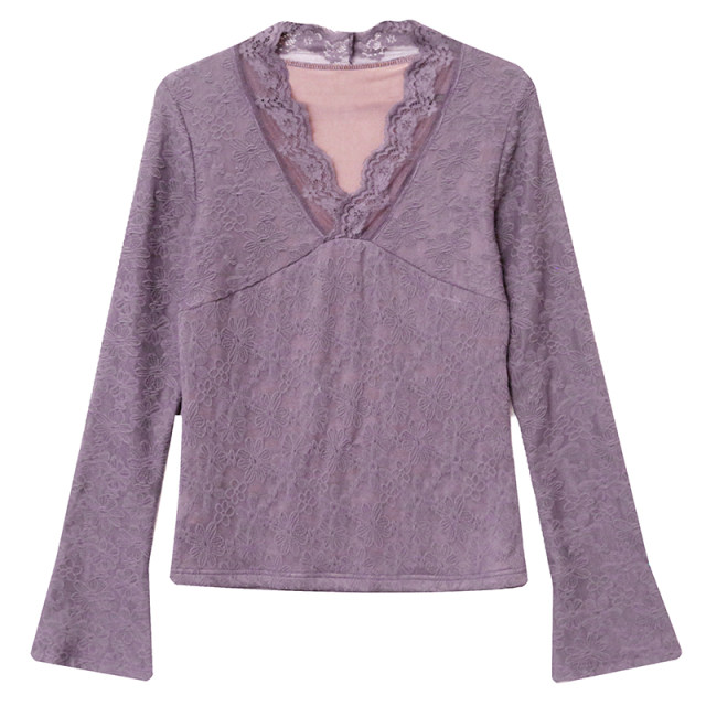 European base shirt for women in spring and autumn sexy hollow V-neck lace shirt for women long sleeve tight inner top temperament shirt