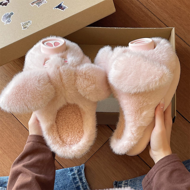 Cotton slippers for women, winter home indoor non-slip thick-soled plush cute piggy warm half-pack heel postpartum slippers