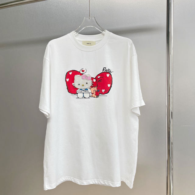 XIWA European station niche British style round neck fun portrait top letter printing loose short sleeve large version T-shirt
