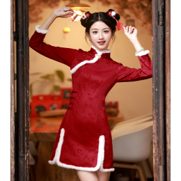 Red Cheongsam 2023 new improved young girl small autumn and winter thick warm annual worship clothes