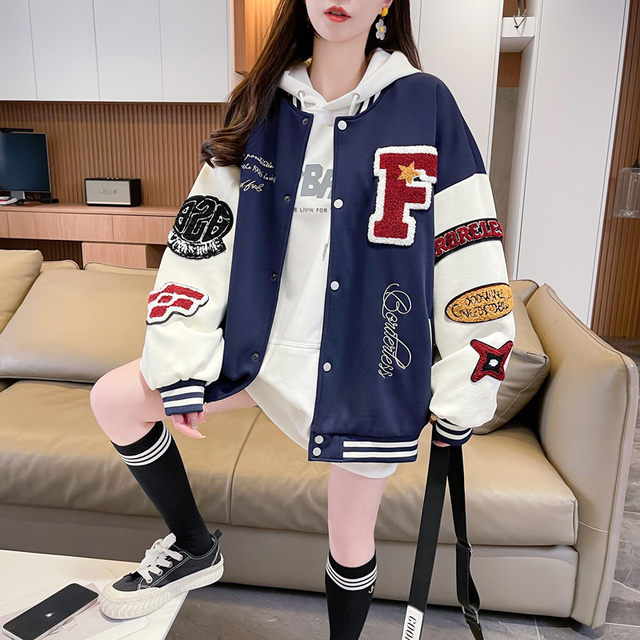 American retro baseball uniform jacket for women 2025 spring and autumn new loose large size embroidered casual couple jacket trendy
