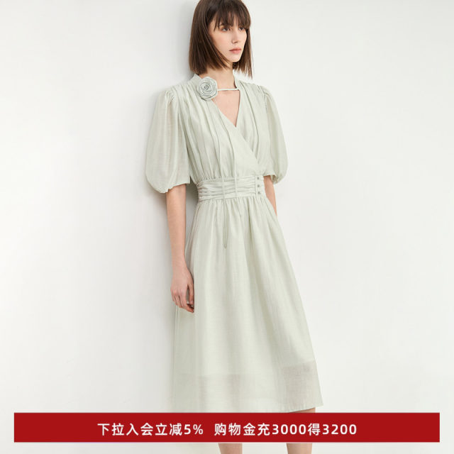 LILY summer women's clothing with linen vintage puff sleeves romantic floral temperament gentle high waist dress
