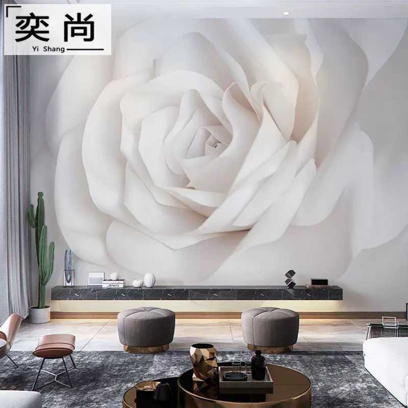 现代简约电视背景墙壁纸白色玫瑰花壁画客厅电视背景墙纸卧室墙
