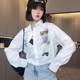 Long-sleeved shirt for women 2025 spring new contrasting color splicing cartoon cartoon letters loose single-breasted lapel top
