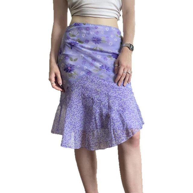 2025 summer new retro printed purple floral fishtail skirt for women with high waist slim hip mesh skirt
