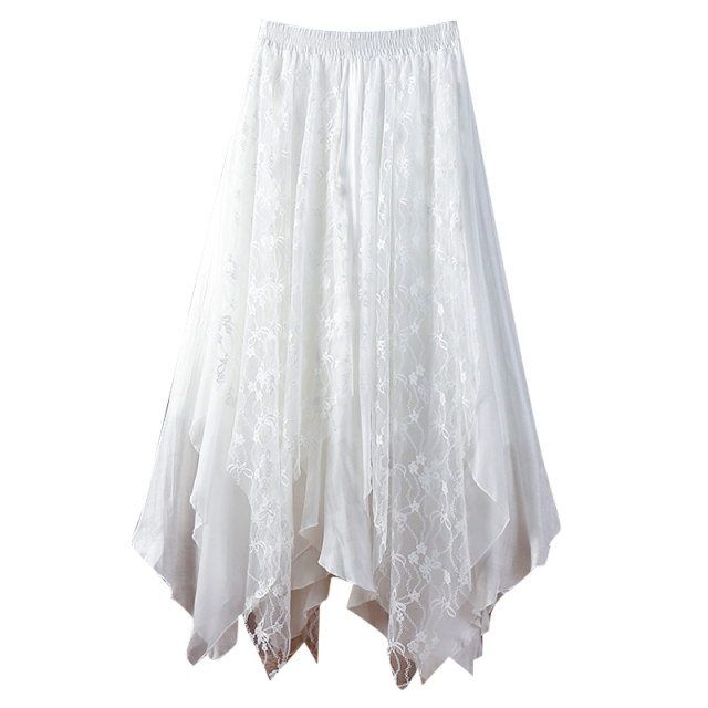 White irregular lace spliced ​​Organza skirt 2025 summer design niche slim midi skirt