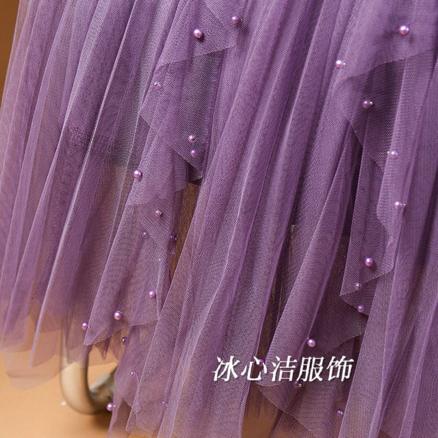Design feel irregular gauze beaded nail net yarn skirt female spring and autumn small skirt long skirt, pleated skirt, half skirt
