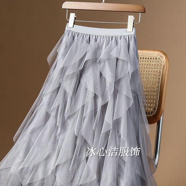 Gray irregular layered mesh skirt skirt for women spring and autumn 2025 new black skirt long skirt tulle skirt autumn and winter