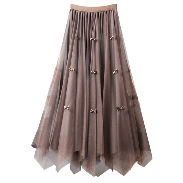 Autumn and winter bow irregular gauze skirt skirt autumn and winter women's 2025 two sides wearing mesh skirt pleated skirt long skirt
