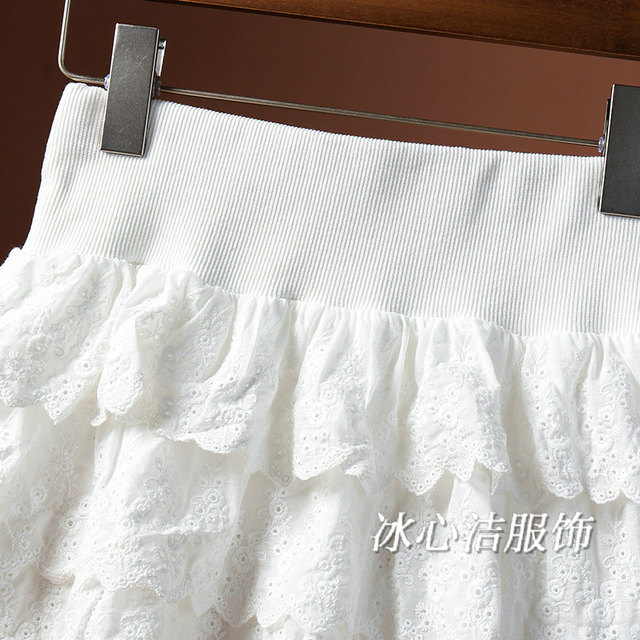 White heavy industry embroidery ruffle splicing cake skirt autumn and winter new high waist slim anti-exposure short skirt for women