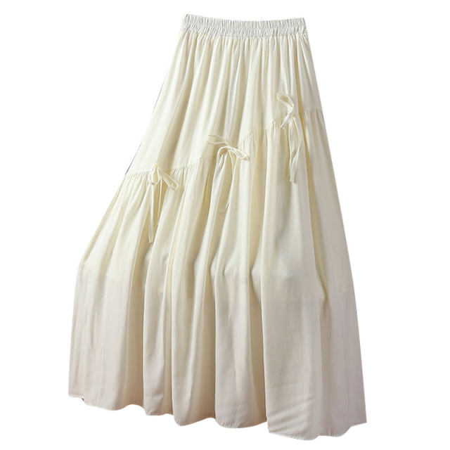 Bow irregular skirt 2025 spring and summer new high-waisted lace-up A-line skirt with wood ears mid-length skirt