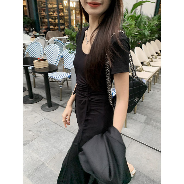 U-neck slit fishtail dress for women's summer drawstring temperament ...