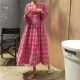 Korean version of V -neck tie thin long sleeve cotton and linen dress women's French retro lattice long skirt large size casual A -line skirt
