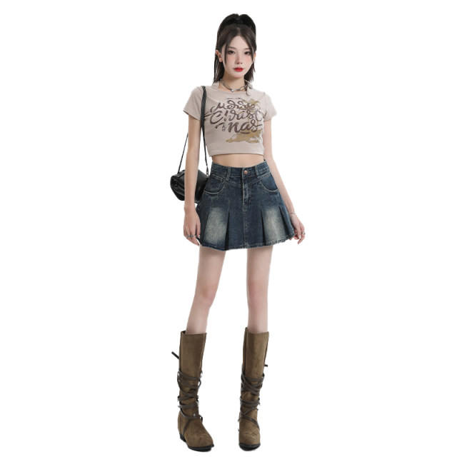 American all-match denim short skirt for women summer new large size pleated skirt small high waist slimming A-line skirt