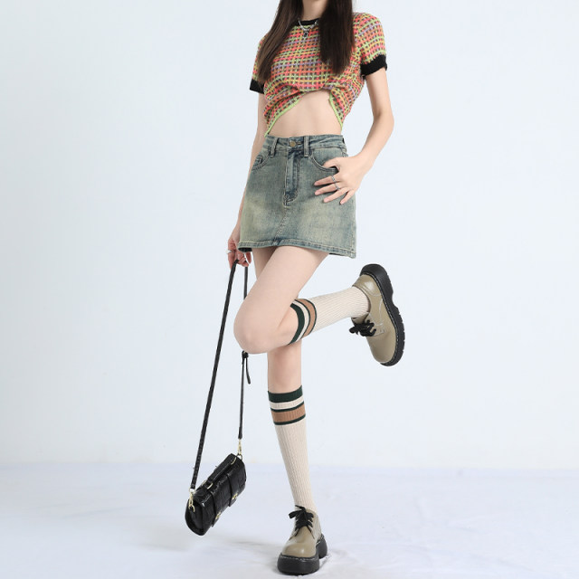 American hot girl hip skirt denim short skirt for women in summer high waist anti-exposure large size slimming A-line skirt trendy