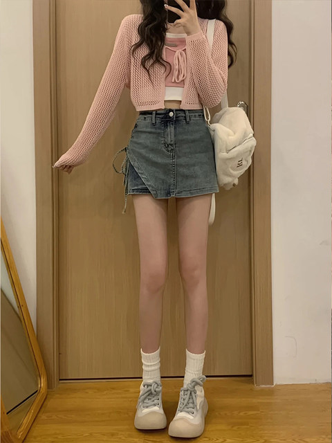 Hot girl side drawstring high waist denim skirt for women in summer new large size slim design A-line short skirt pants