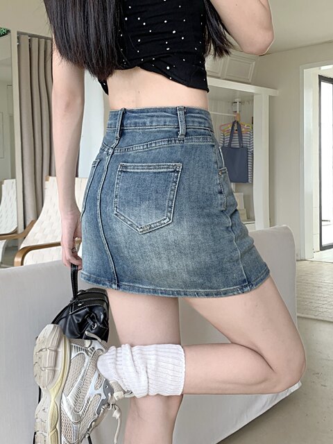 Retro hot girl denim short skirt for women in summer, small high-waisted, large size slim and anti-exposure A-line hip-pack skirt