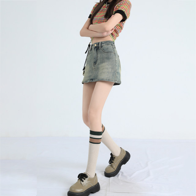 American hot girl hip skirt denim short skirt for women in summer high waist anti-exposure large size slimming A-line skirt trendy