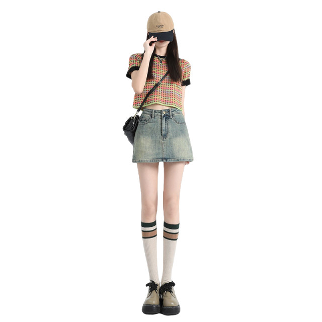 American hot girl hip skirt denim short skirt for women in summer high waist anti-exposure large size slimming A-line skirt trendy