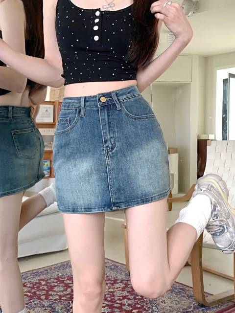 Retro hot girl denim short skirt for women in summer, small high-waisted, large size slim and anti-exposure A-line hip-pack skirt