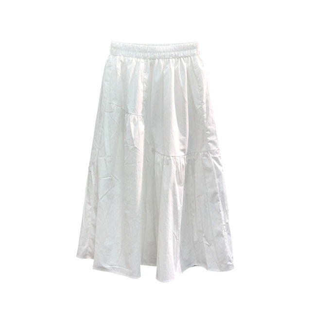 Korean style white elastic waist casual splicing skirt for women in summer fashion loose and fashionable A-line large sway midi skirt