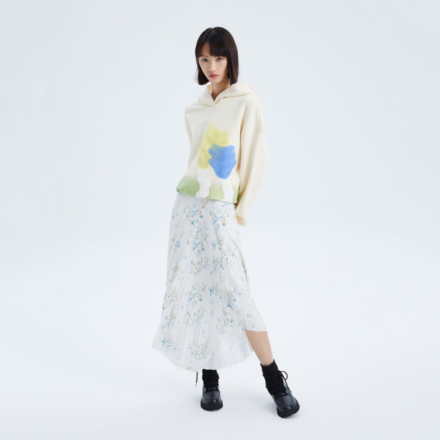LILY Spring New Women's Gentle Print Chic Irregular Pleated Skirt Women