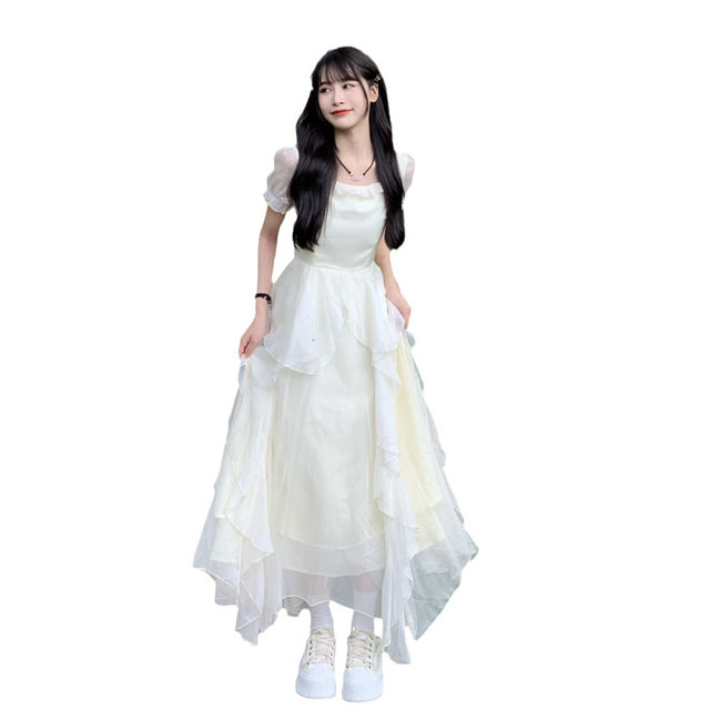 Super fairy-like long-sleeved ruffle short-sleeved dress for women in summer 2025 new French gentle style waist-hugging long skirt
