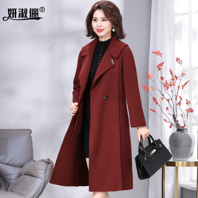 Red double-sided cashmere coat for women long style mom New Year wedding wear 2025 autumn and winter high-end big-name woolen coat