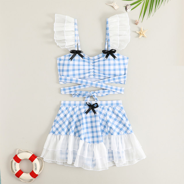 Kardashian children's swimsuit girls 2025 new student hot spring split skirt style belly-covering plaid swimsuit