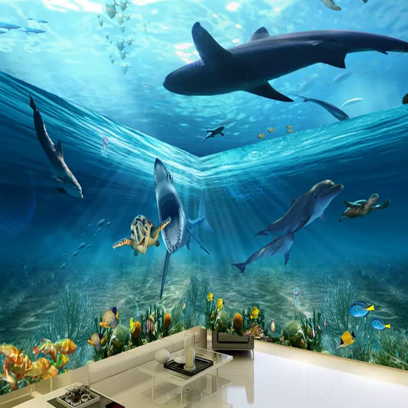 3d立體大型壁畫主題壁紙海底世界海洋魚兒童房遊泳館客廳背景