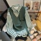 Extra Large Size 2-300Jin [Jin equals 0.5 kg] New Design Feeling Niche Loose Striped Long Sleeve Shirt Top Vest Two-Piece Set
