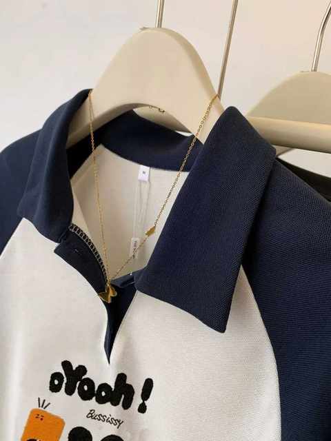 Adding fat extra size 300 Jin [Jin equals 0.5 kg] Contrasting color rapacer Polo neck short-sleeved T-shirt for women in summer loose design niche top